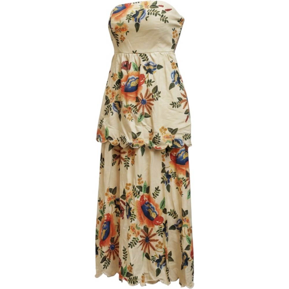 Christian Lacroix Floral Linen Blend Strapless Tiered Scallop Maxi Dress Small